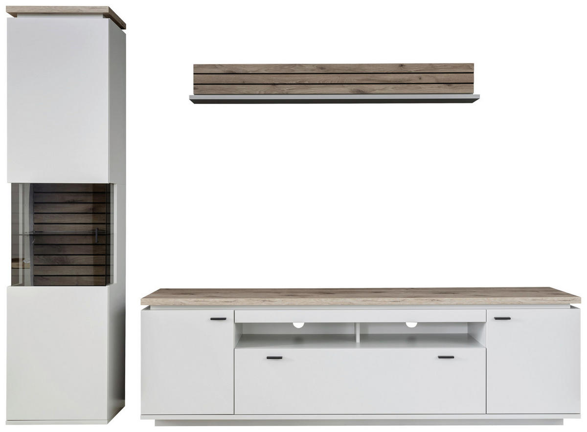 WOHNWAND 3-teilig  in Weiß, Eichefarben   - Eichefarben/Anthrazit, Design, Glas/Holzwerkstoff (270/207/50cm) - Stylife