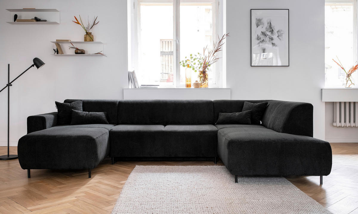 WOHNLANDSCHAFT Dunkelgrau Cord  - Dunkelgrau/Schwarz, Textil/Metall (165/330/192cm) - MID.YOU