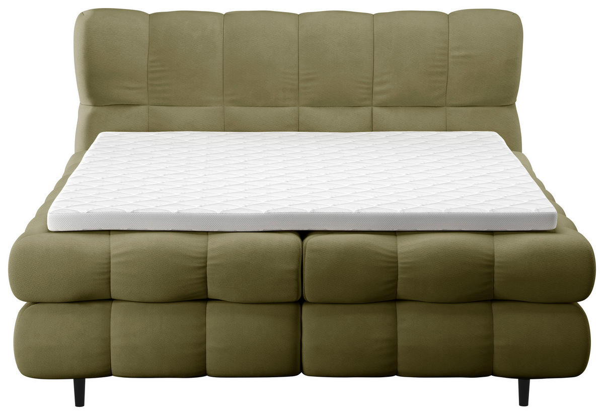 BOXBETT 200/200 cm,  in Olivgrün, gepolstertes Kopfteil, Bettkasten, Topper, H3 + H3 = fest  - Schwarz/Olivgrün, Design, Textil/Metall (200/200cm) - Ti'me
