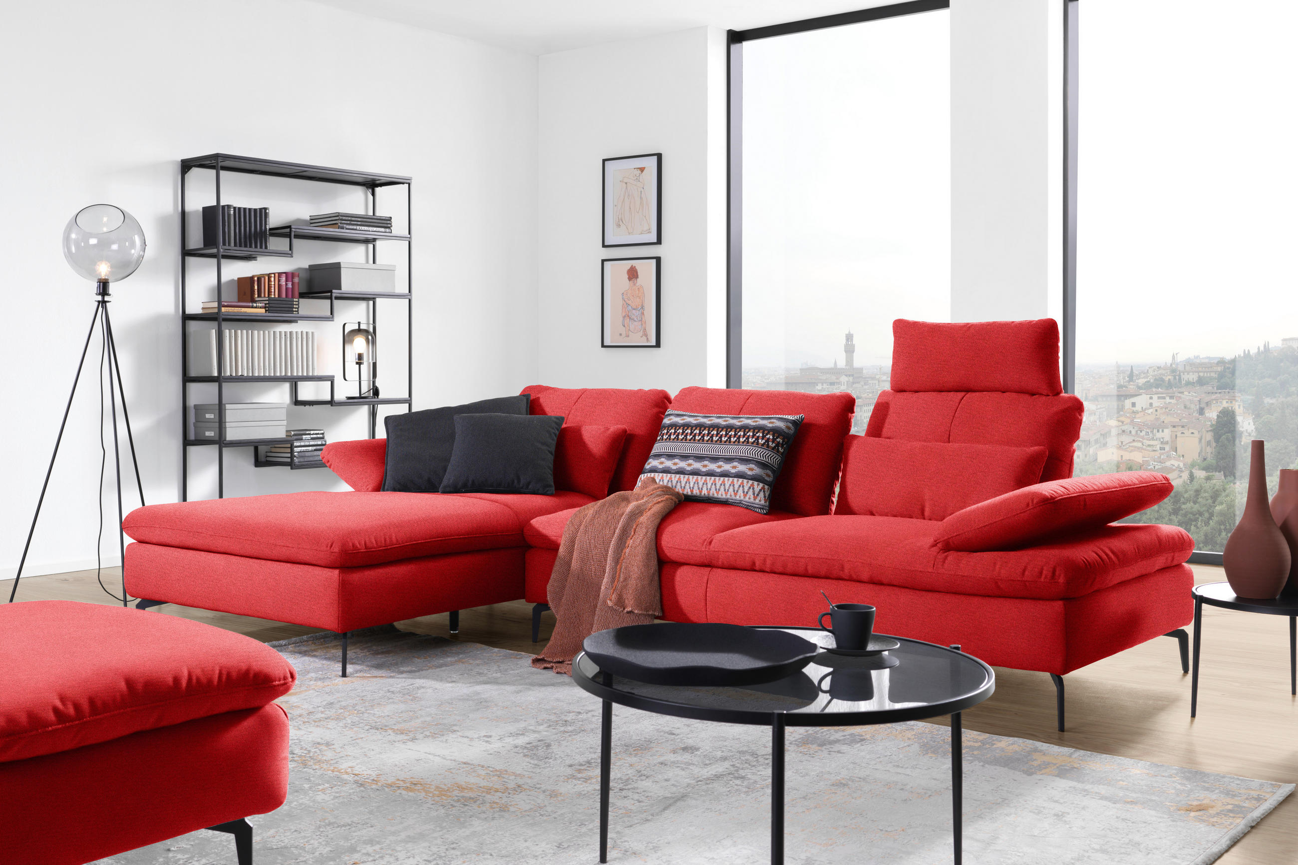ECKSOFA in Webstoff Hellrot  - Hellrot/Schwarz, Design, Textil/Metall (179/301cm) - Chilliano