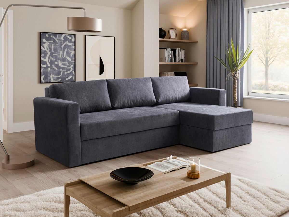ECKSCHLAFSOFA Flachgewebe Anthrazit  inkl. Rückenkissen, Bettkasten, Schlaffunktion, Rücken echt, Liegefläche im Originalstoff  - Anthrazit/Schwarz, MODERN, Kunststoff/Textil (231/148cm) - Carryhome