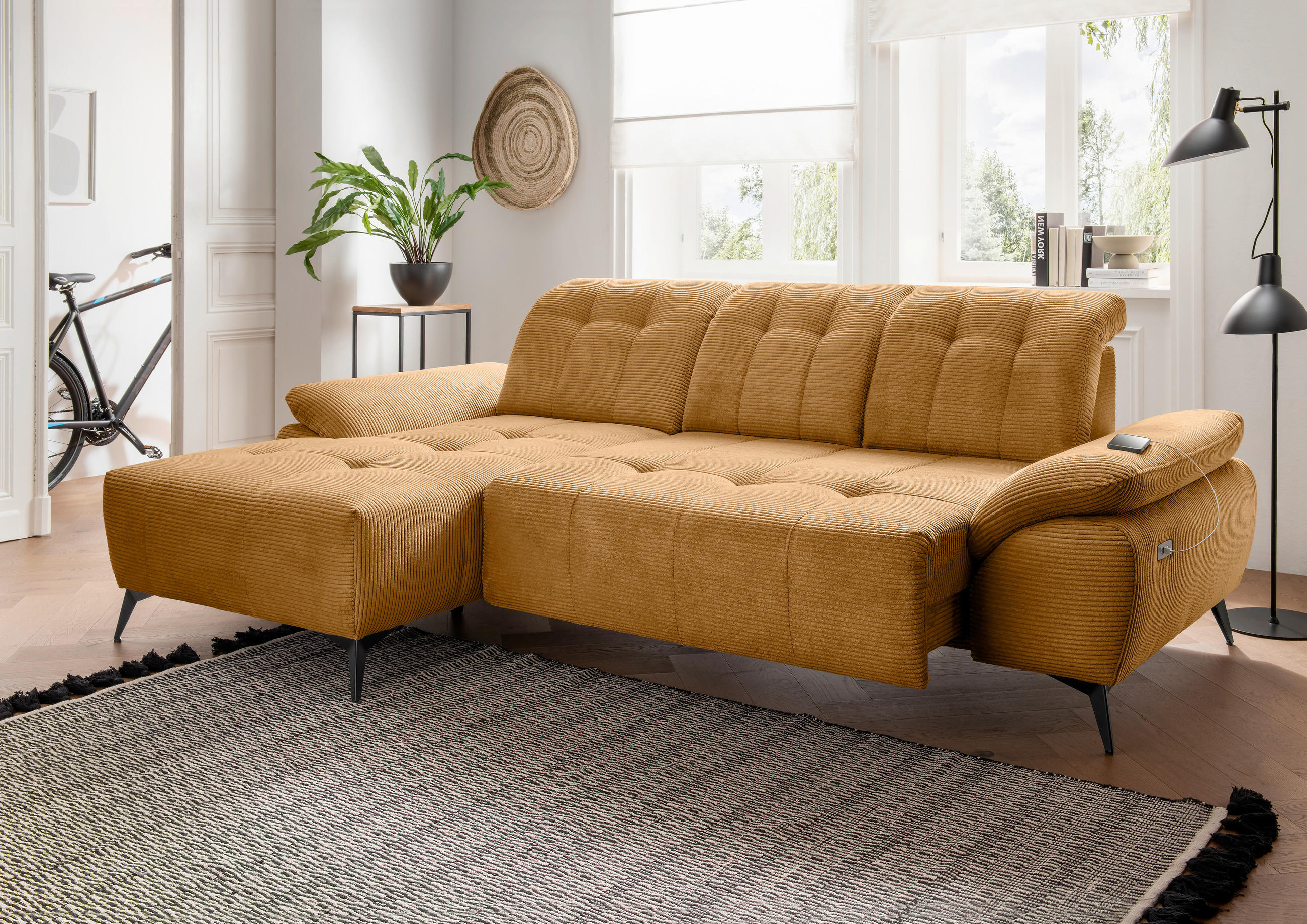 ECKSOFA FIORE in Cord Goldfarben Kopfteilverstellung, Sitzvorzug  180/280 cm  - Goldfarben/Schwarz, MODERN, Textil/Metall (180/280cm) - Livetastic
