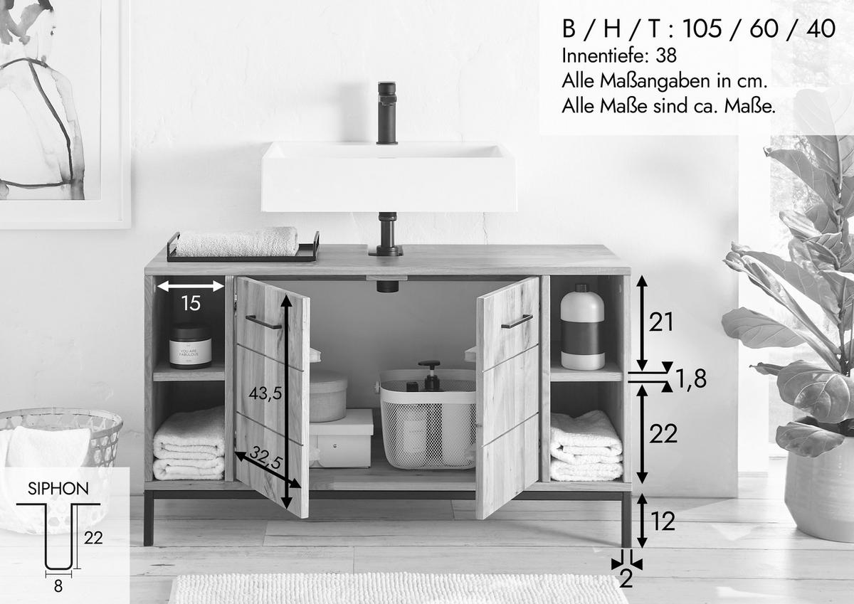 WASCHBECKENUNTERSCHRANK 105/60/40 cm  - Wildeiche/Schwarz, Basics, Holz/Metall (105/60/40cm) - Linea Natura