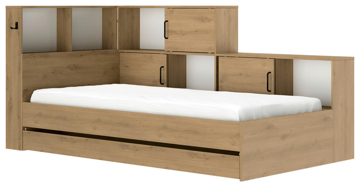 PAT CU SPAȚIU DE DEPOZITARE 90/200 cm  in alb, stejar Artisan   - alb/stejar Artisan, Modern, material pe bază de lemn (90/200cm) - MID.YOU