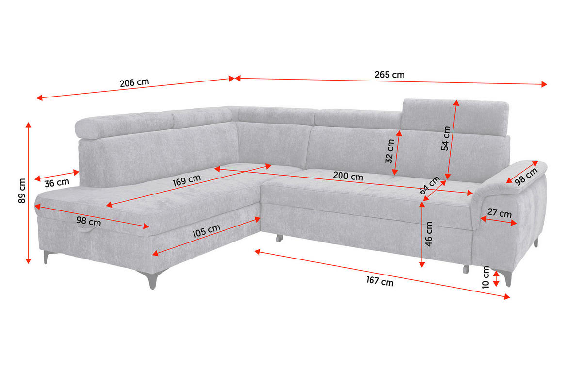 ECKSOFA Elfenbein Chenille Bettkasten, Schlaffunktion, Rücken echt, Kopfteilverstellung, Liegefläche im Originalstoff  - Elfenbein/Schwarz, KONVENTIONELL, Textil/Metall (206/265cm) - Carryhome
