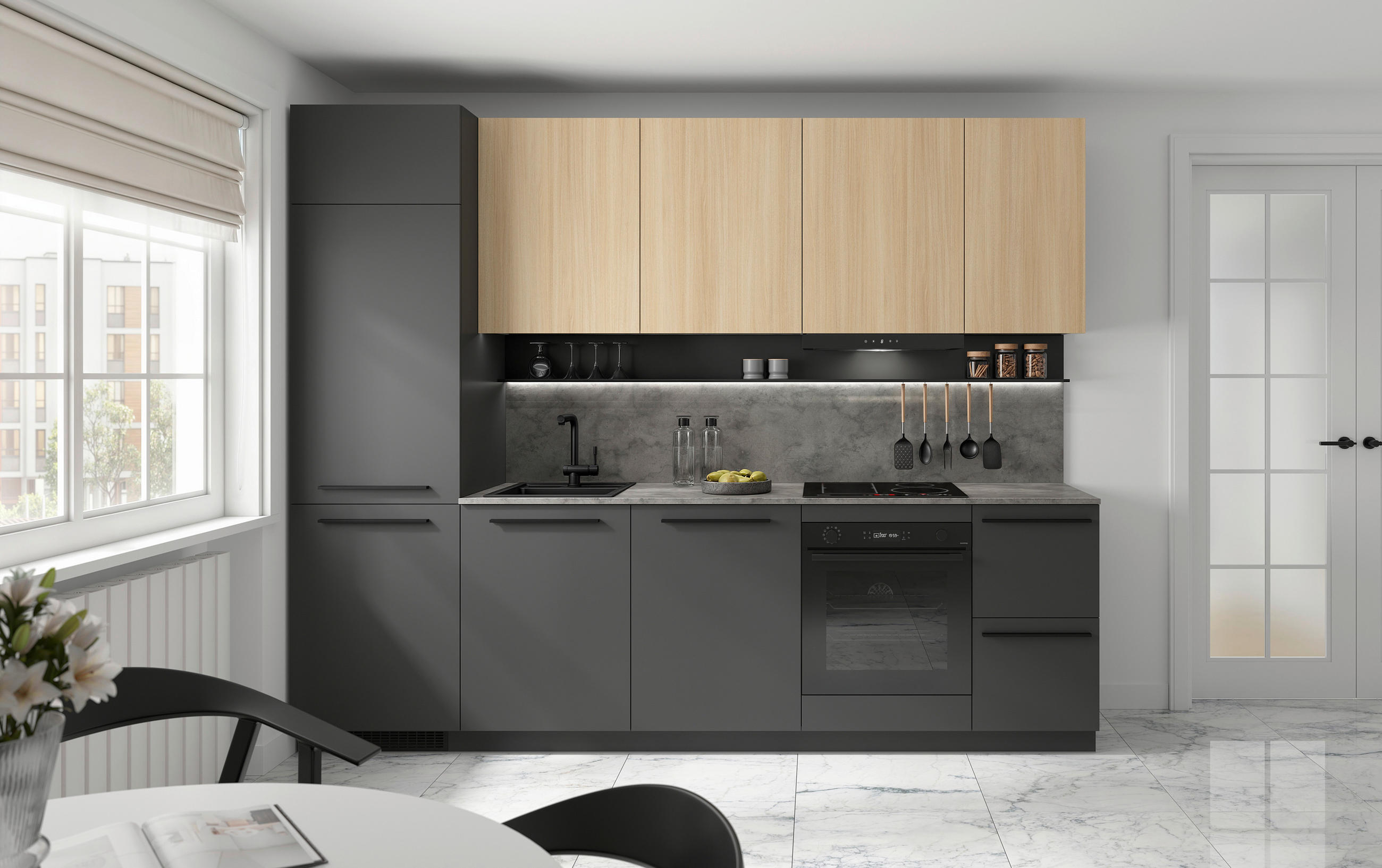 KÜCHENBLOCK MILINO MEDIUM A-GRG-SBE  in Graphitfarben, Eichefarben  - Eichefarben/Schwarz, Basics, Holzwerkstoff/Kunststoff (285/230/60cm) - Visiona