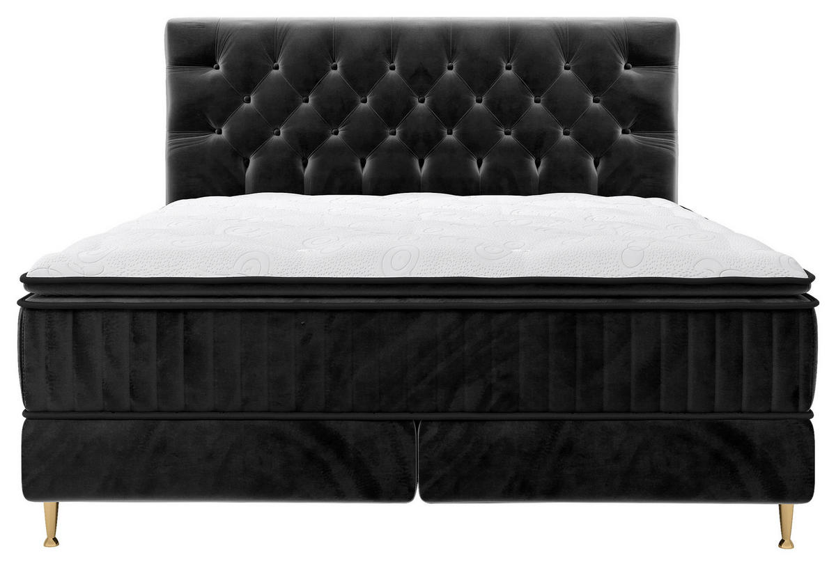 BOXSPRINGBETT 180/200 cm,  in Schwarz, Matratze, gepolstertes Kopfteil, Topper,  - Goldfarben/Schwarz, Design, Textil/Metall (180/200cm) - Boxxx