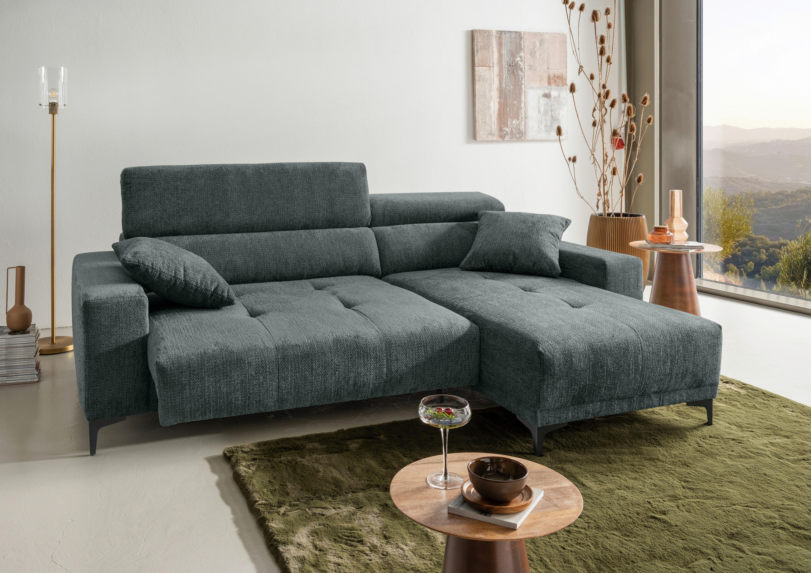 ECKSOFA Chenille Dunkelgrün  - Dunkelgrün/Schwarz, Basics, Textil/Metall (250/183cm) - Livetastic