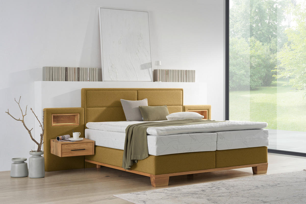 BOXSPRINGBETT 180/200 cm,  in Eichefarben, Olivgrün, Matratze, Topper, unterschiedliche Matratzenhärtegrade je Bettseite, H3 + H4 = fest + sehr fest  - Eichefarben/Olivgrün, Natur, Holz/Textil (180/200cm) - Valnatura