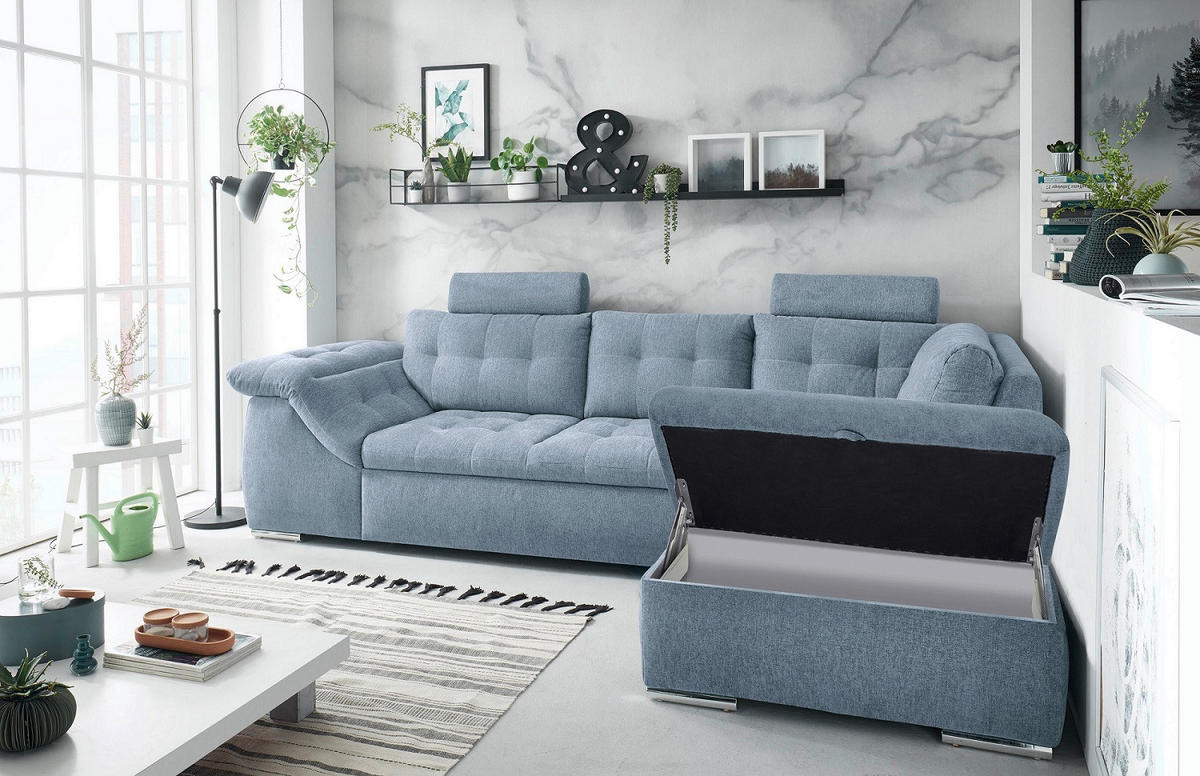 ECKSOFA Blau Mikrovelours  - Blau, KONVENTIONELL, Kunststoff/Textil (283/193cm) - MID.YOU