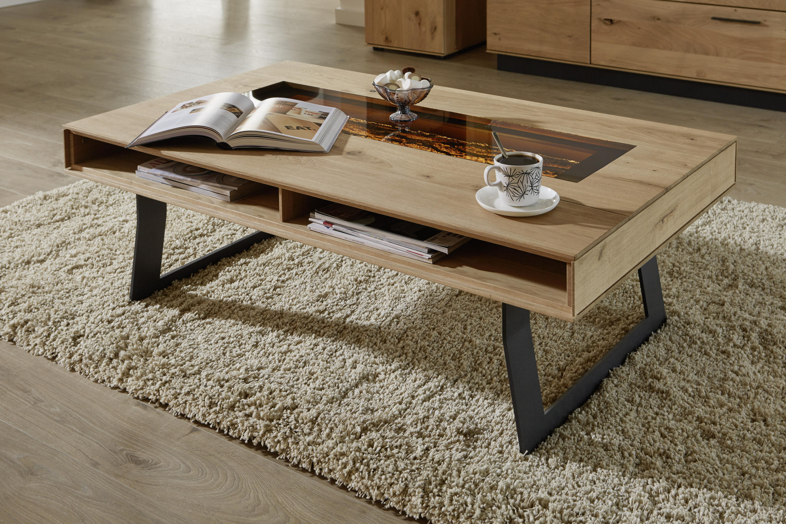 COUCHTISCH Kerneiche vollmassiv rechteckig Anthrazit, Eichefarben 125/75/43 cm - Eichefarben/Anthrazit, Design, Glas/Holz (125/75/43cm) - Valnatura