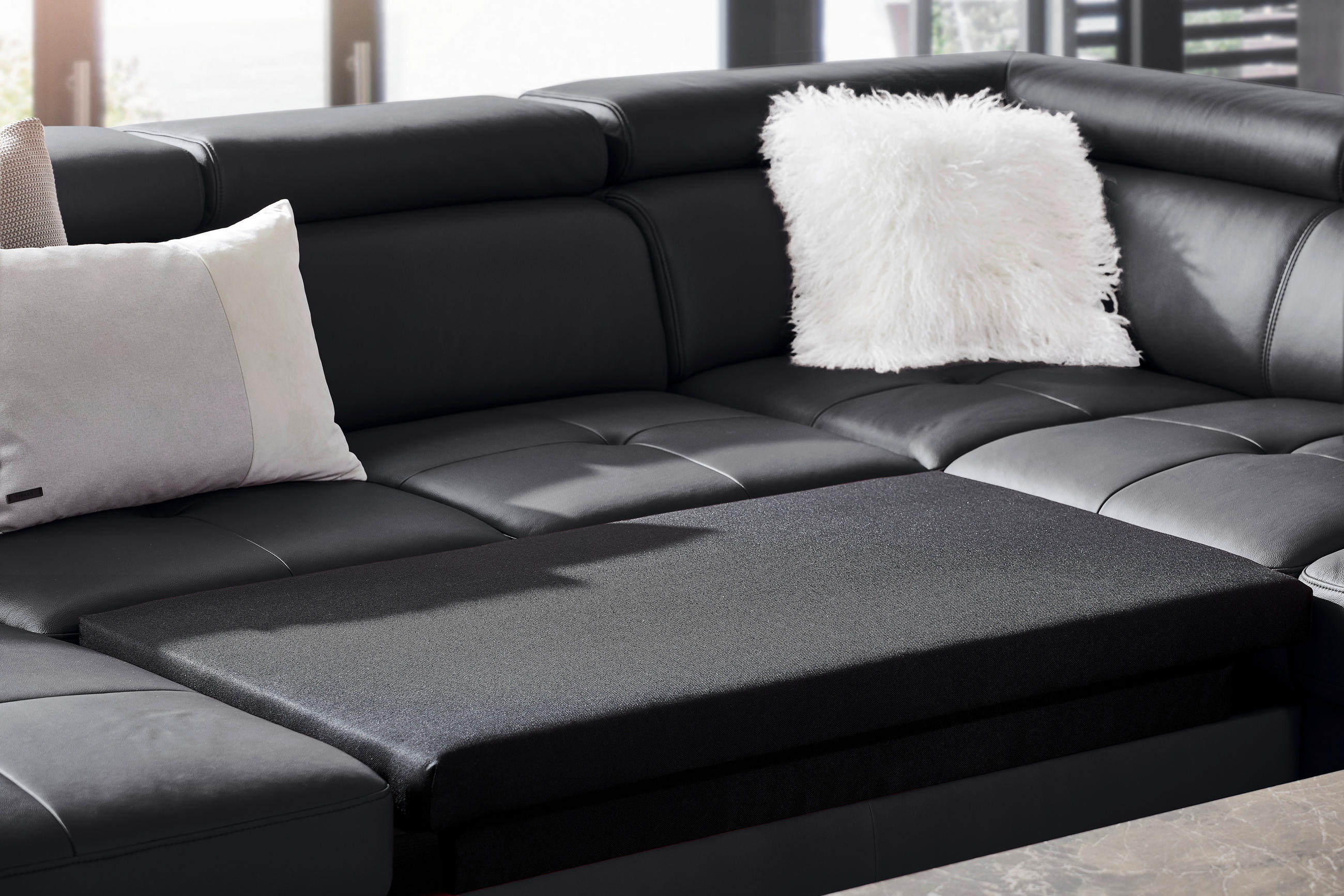 Wohnlandschaft inkl.Funktionen Schwarz Kombination Echtleder/Lederlook  - Chromfarben/Schwarz, Design, Leder/Textil (212/320/157cm) - Stylife