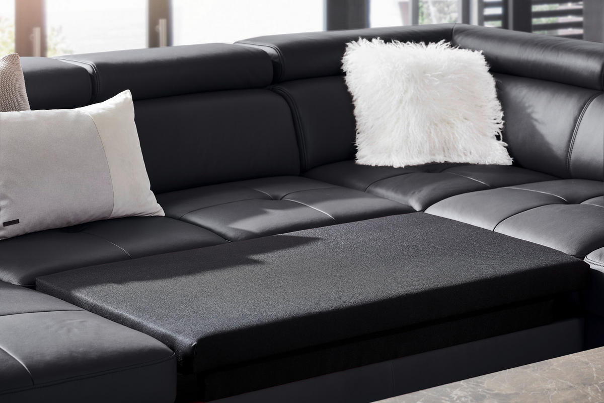 WOHNLANDSCHAFT in Kombination Echtleder/Lederlook Schwarz  - Chromfarben/Schwarz, Design, Leder/Textil (212/334/157cm) - Stylife