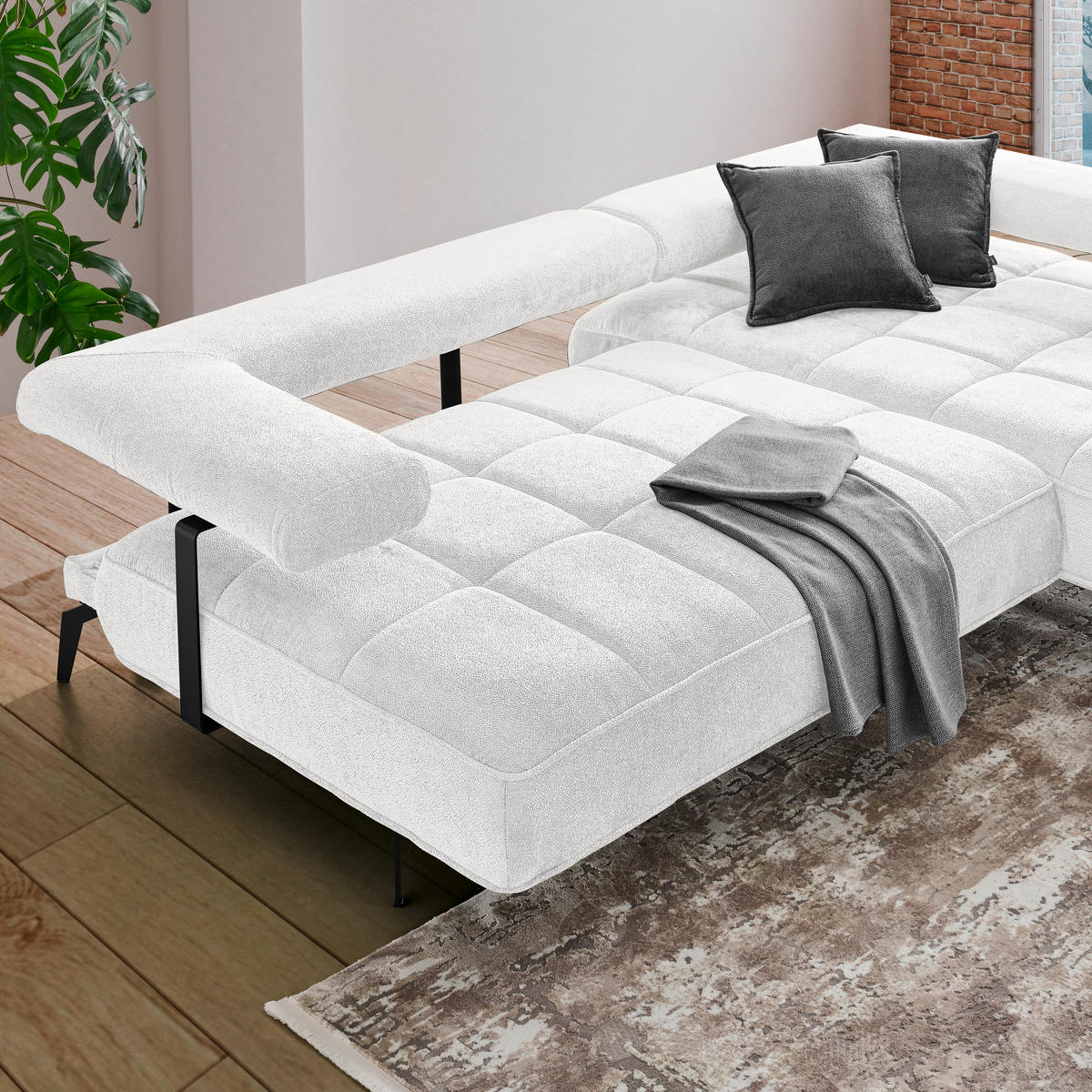 ECKSOFA Weiß Webstoff  - Schwarz/Weiß, Design, Textil/Metall (266/180cm) - Welnova