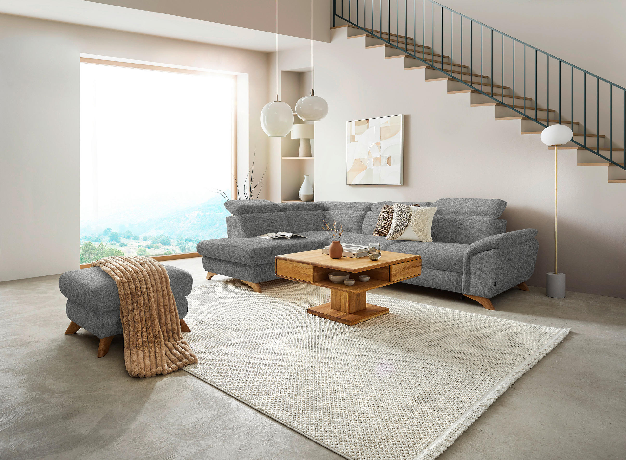 ECKSOFA in Bouclé Hellgrau  - Eichefarben/Hellgrau, Modern, Holz/Textil (212/287cm) - Valnatura