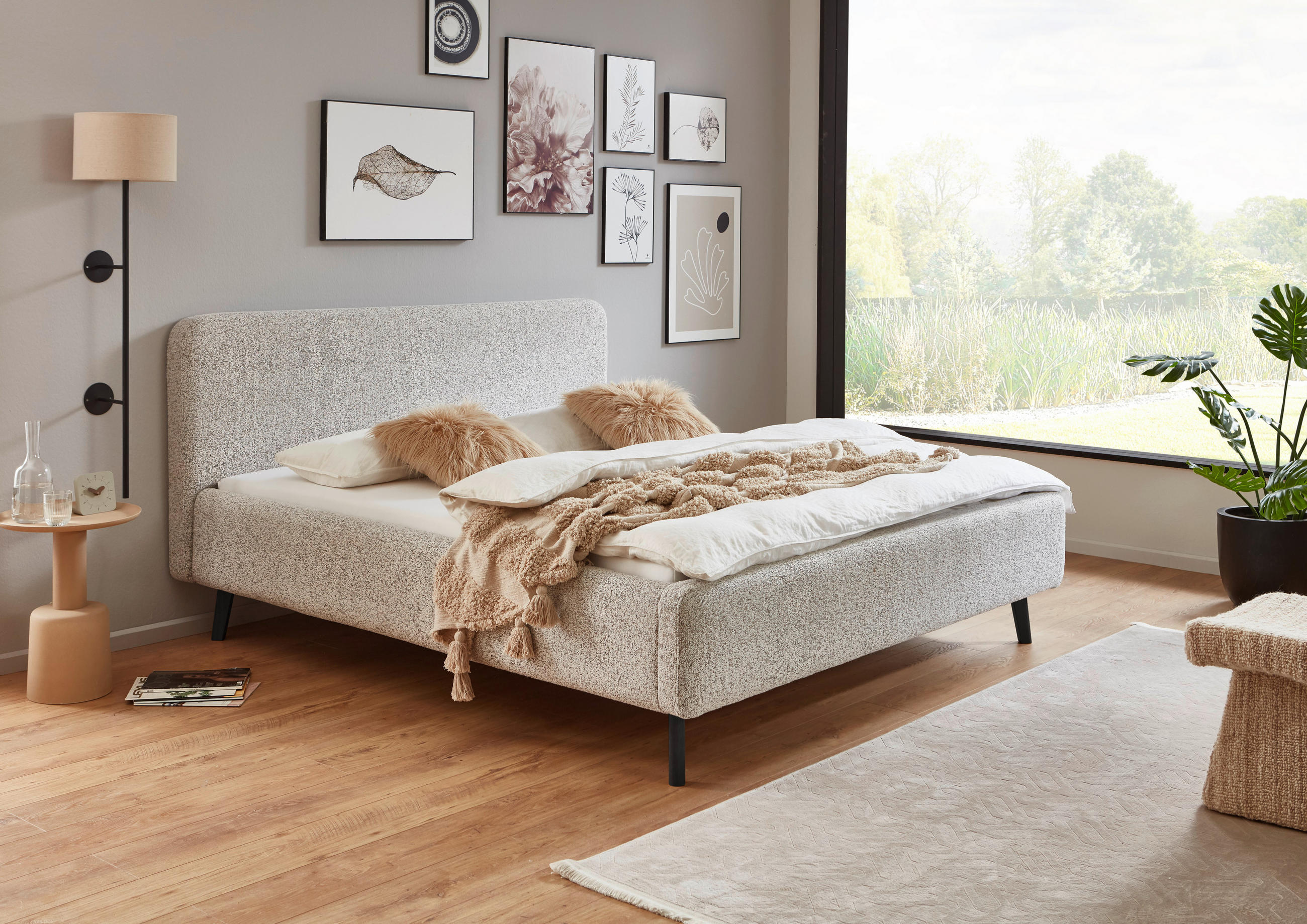 POLSTERBETT 120/200 cm, inkl. gepolstertes Kopfteil,  in Beige  - Beige/Schwarz, Design, Holz/Textil (120/200cm) - Xora