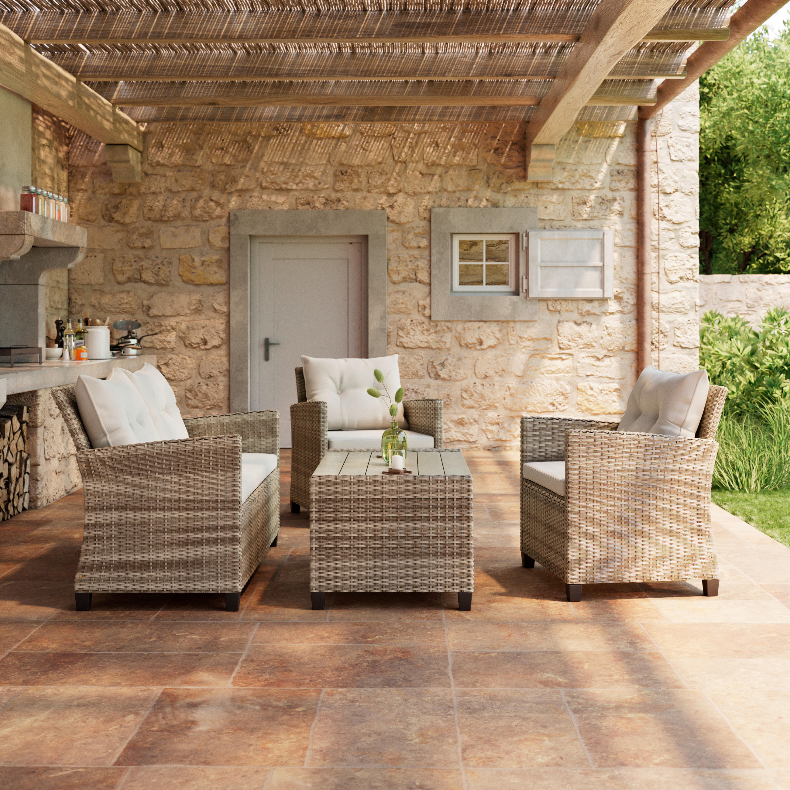 LOUNGEGARNITUR Stahl  - Beige/Creme, MODERN, Kunststoff/Textil - Ambia Garden