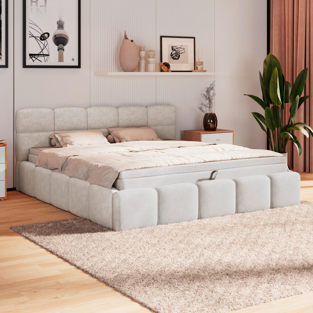 POLSTERBETT 160/200 cm,  in Creme, Matratze, Bettkasten, H3 = fest  - Creme/Schwarz, Trend, Kunststoff/Textil (160/200cm)