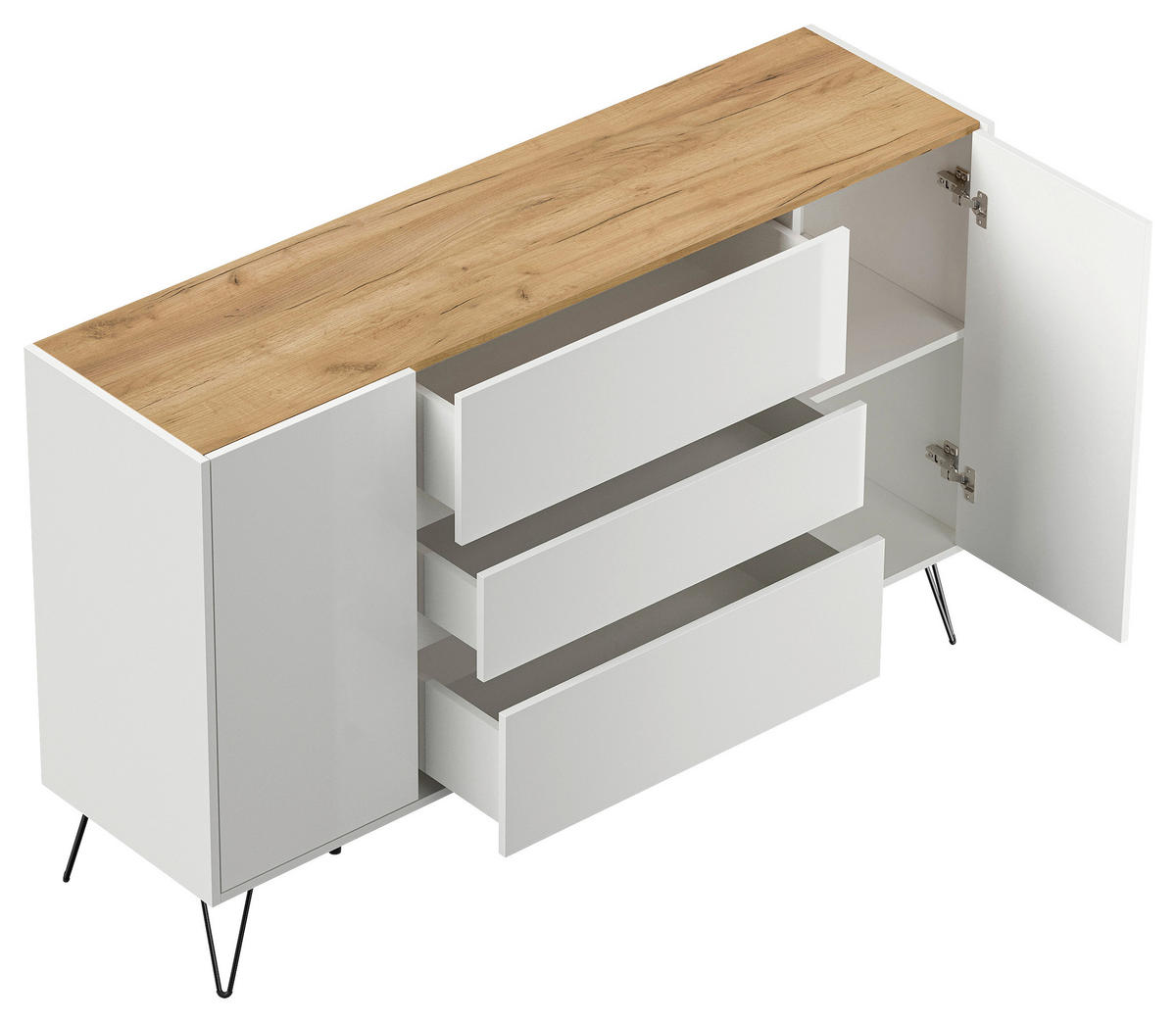 SIDEBOARD Posseik Industrial 155/93,6/42 cm 3 Schublade(n)  - Weiß Hochglanz/Eichefarben, Design, Holzwerkstoff/Metall (155/93,6/42cm) - P & B