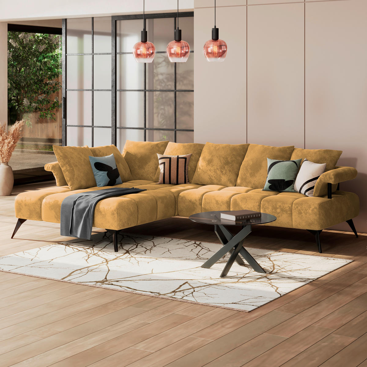ECKSOFA in Flachgewebe Goldfarben  - Goldfarben/Schwarz, Modern, Kunststoff/Textil (200/297cm) - Livetastic