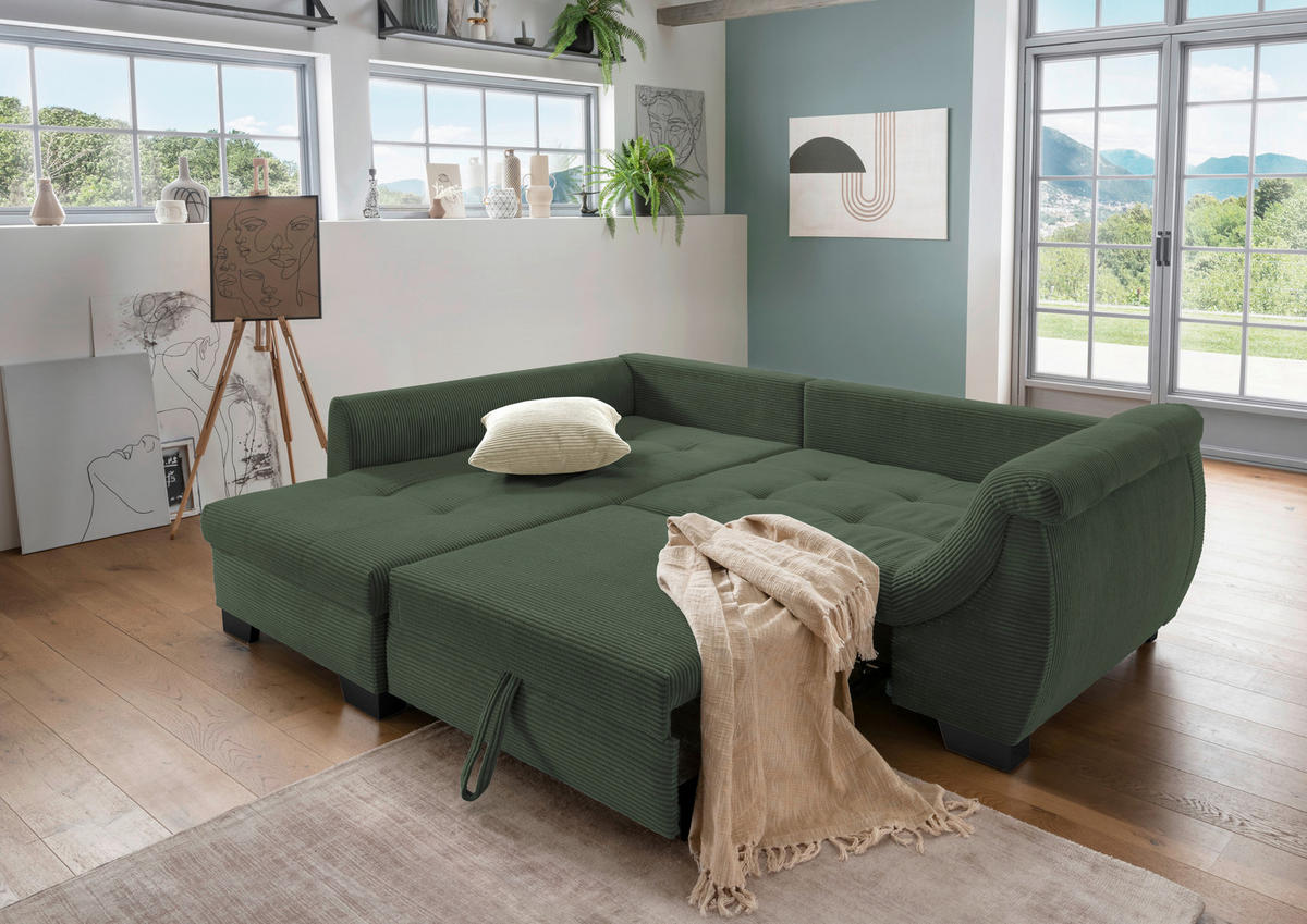 CANAPÉ D'ANGLE in Cord Grün  - beige/vert, Design, textile/bois (190/250cm) - MID.YOU