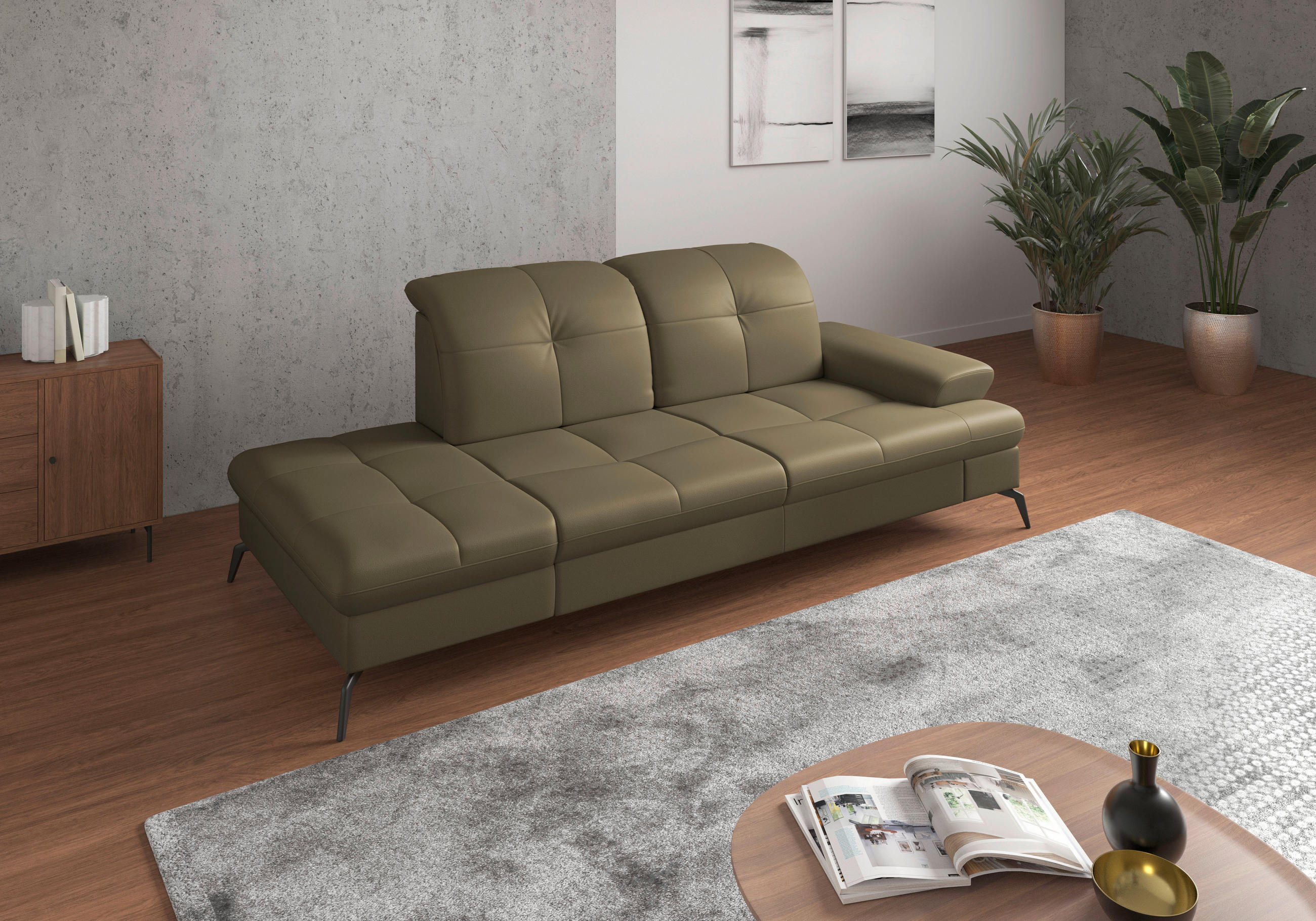 RÉCAMIERE Olivgrün Echtleder  - Schwarz/Olivgrün, KONVENTIONELL, Leder/Metall (231/90/122cm) - Sit & More