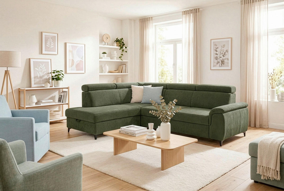 ECKSOFA Dunkelgrün Chenille Bettkasten, Schlaffunktion, Rücken echt, Kopfteilverstellung, Liegefläche im Originalstoff  - Dunkelgrün/Schwarz, KONVENTIONELL, Textil/Metall (206/265cm) - Carryhome