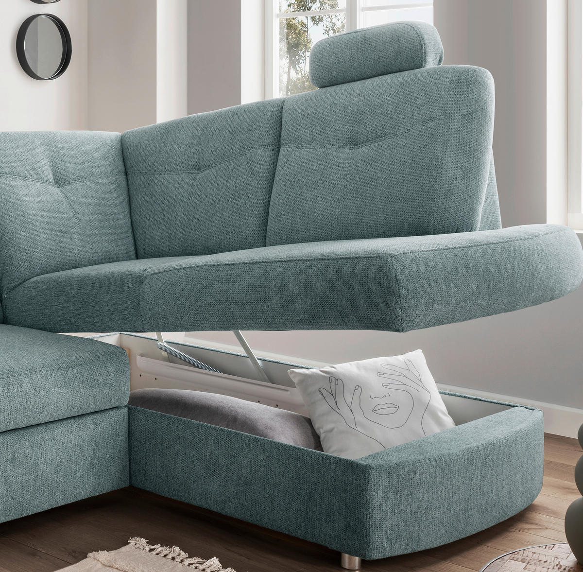 ECKSCHLAFSOFA  mit Liegefunktion, seitenverkehrt erhältlich, Schlafen auf Sitzhöhe, Rücken echt, Armteil links Chenille Mintgrün  - Chromfarben/Mintgrün, MODERN, Kunststoff/Textil (264/180cm) - Livetastic