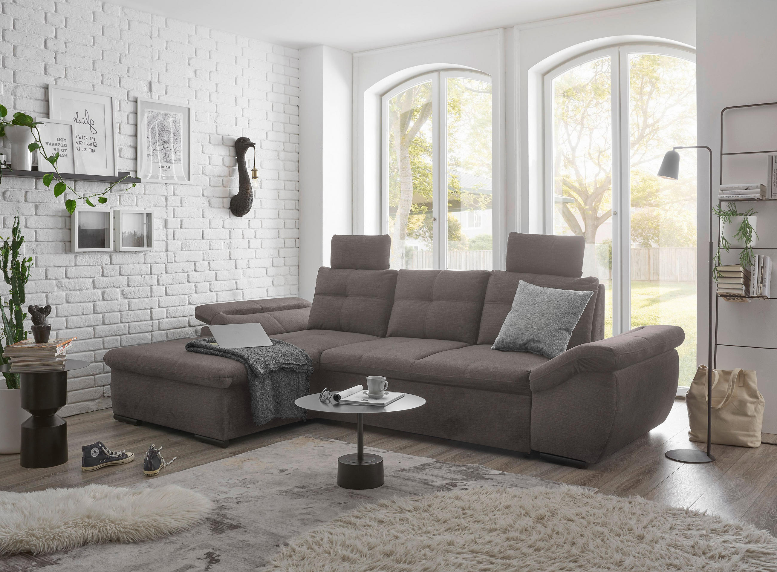 ECKSOFA Graubraun Mikrovelours  - Graubraun/Schwarz, KONVENTIONELL, Kunststoff/Textil (170/275cm) - Carryhome