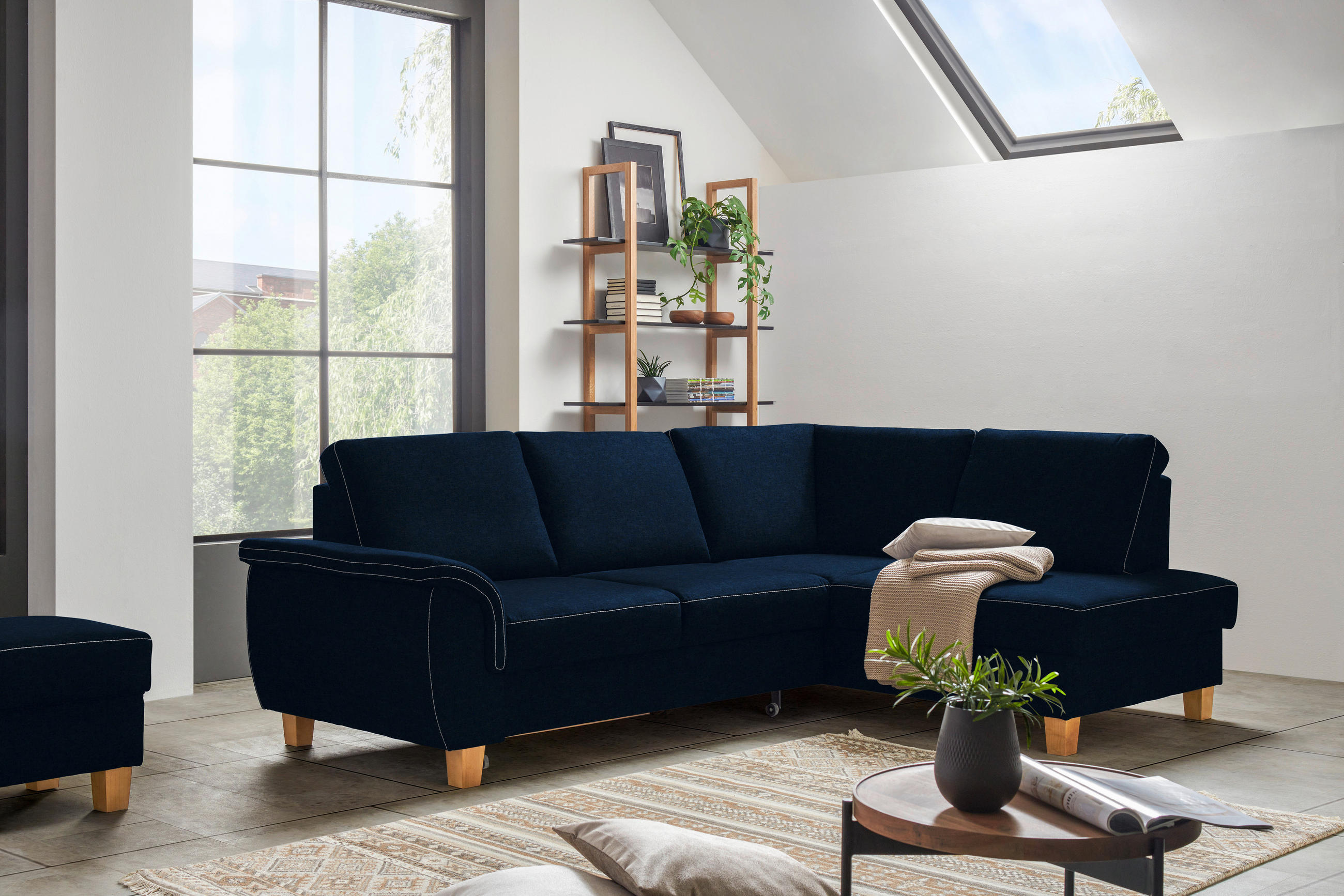 ECKSOFA Dunkelblau Flachgewebe  - Eichefarben/Dunkelblau, Design, Holz/Textil (253/185cm) - Cantus