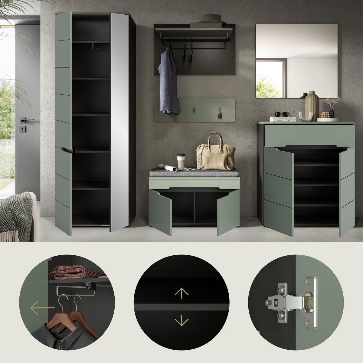 ŠATNA, 255/190/37 cm - šedá/šedozelená, Design, kompozitní dřevo (255/190/37cm) - Livetastic