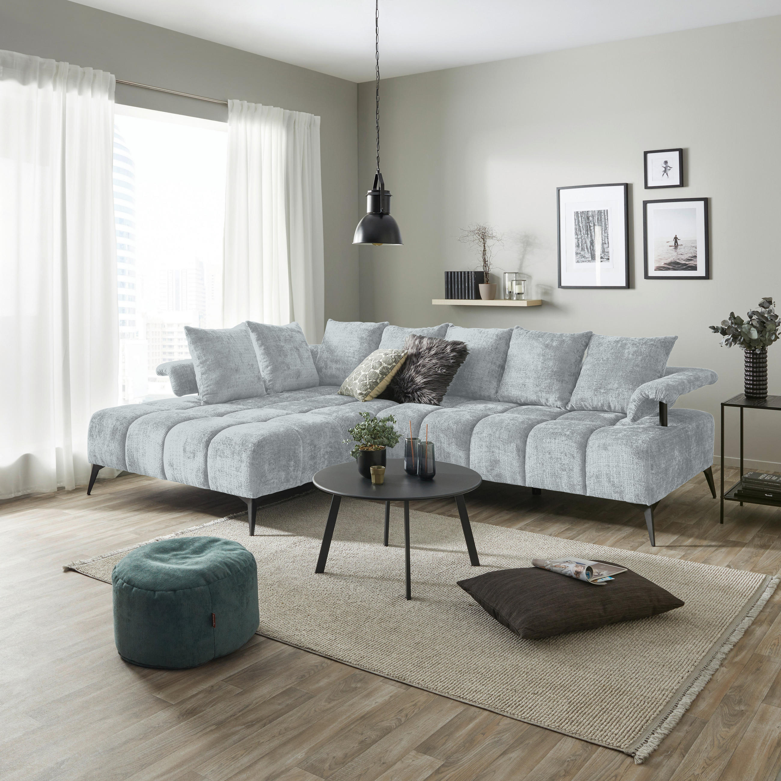 ECKSOFA in Flachgewebe Hellgrau  - Hellgrau/Schwarz, Modern, Kunststoff/Textil (200/297cm) - Livetastic