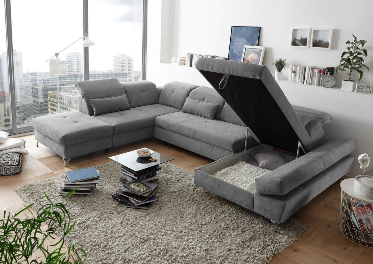 WOHNLANDSCHAFT Schlammfarben Mikrovelours  - Schlammfarben/Silberfarben, MODERN, Textil/Metall (245/350/168cm) - MID.YOU