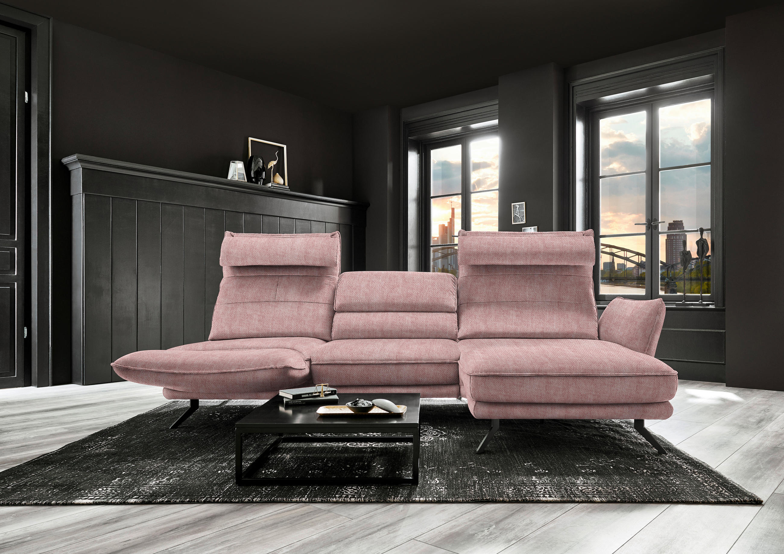 ECKSOFA in Velours Altrosa  - Schwarz/Altrosa, Design, Textil/Metall (283/153cm) - Valdera