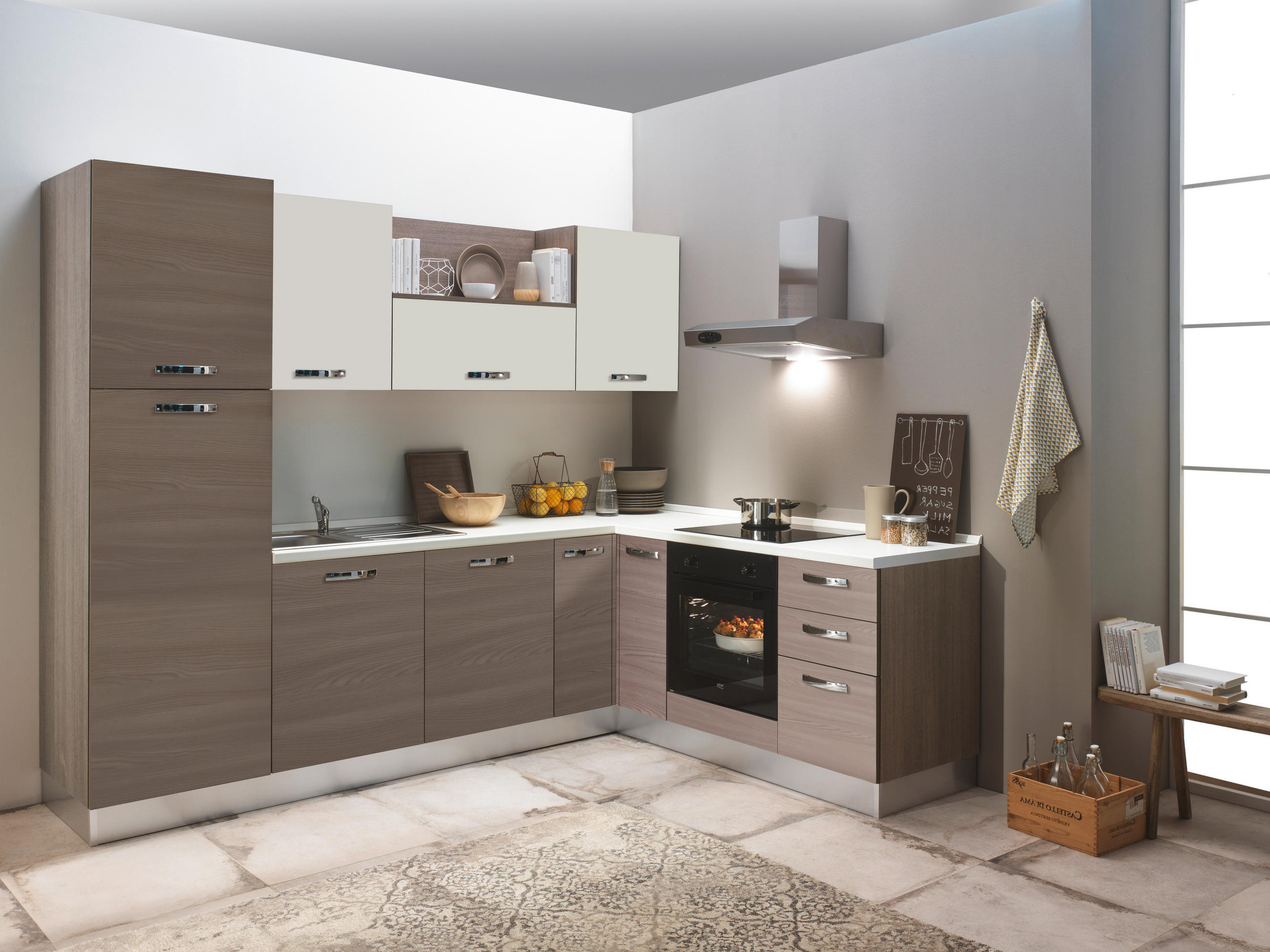 ECKKÜCHE 270/195 cm  in Weiß, Ulmefarben  - Ulmefarben/Edelstahlfarben, LIFESTYLE, Holzwerkstoff/Kunststoff (270/195cm) - MID.YOU