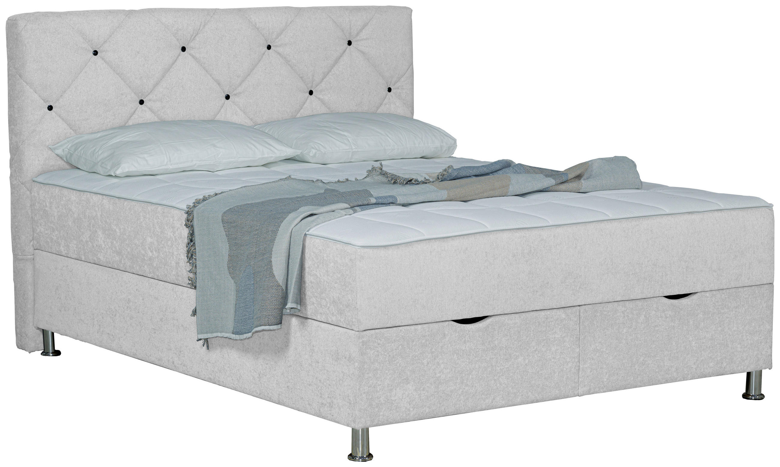 BOXBETT 160/200 cm,  in Naturfarben, Matratze, gepolstertes Kopfteil, Bettkasten, H3 = fest  - Chromfarben/Naturfarben, Design, Kunststoff/Textil (160/200cm) - Boxxx