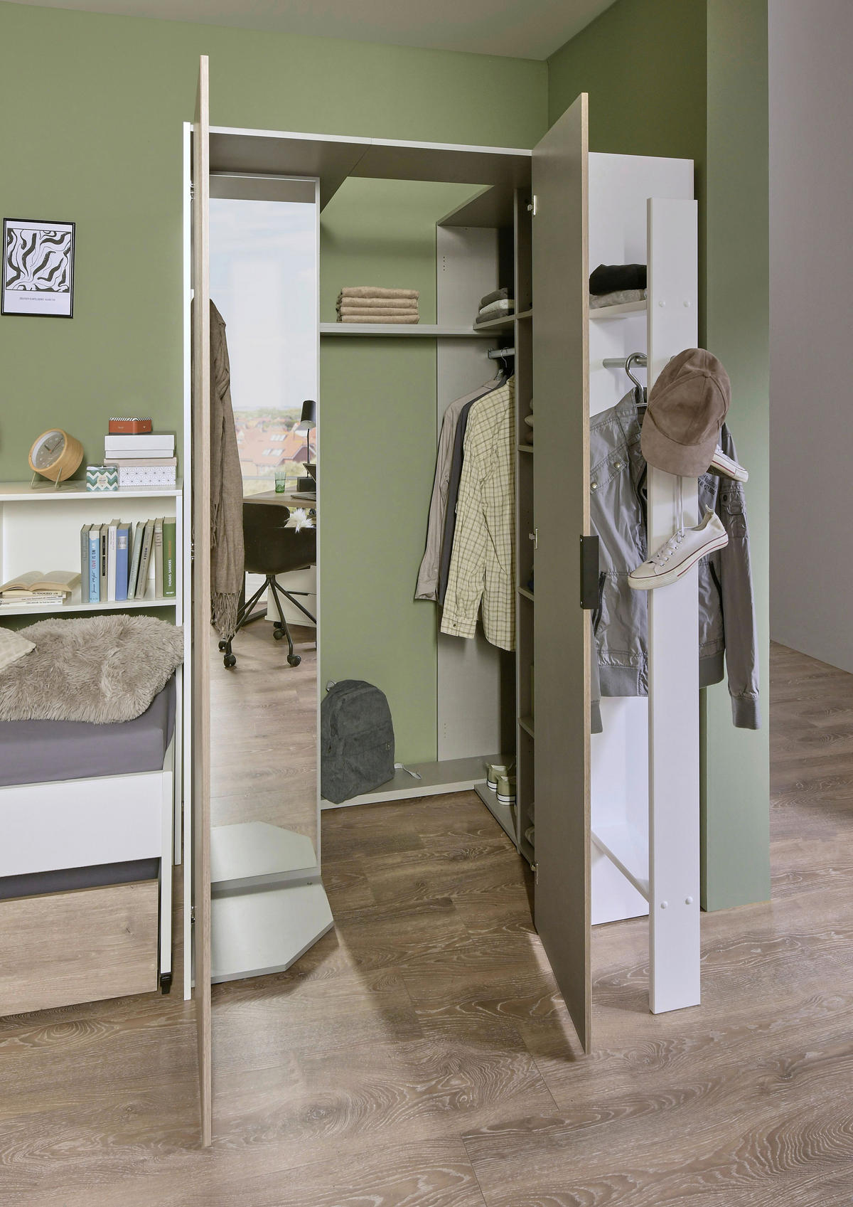 BEGEHBARER ECKSCHRANK in  - Weiss/Eichefarben, Konventionell, Holzwerkstoff/Metall (135,2/197/97cm) - Boxxx