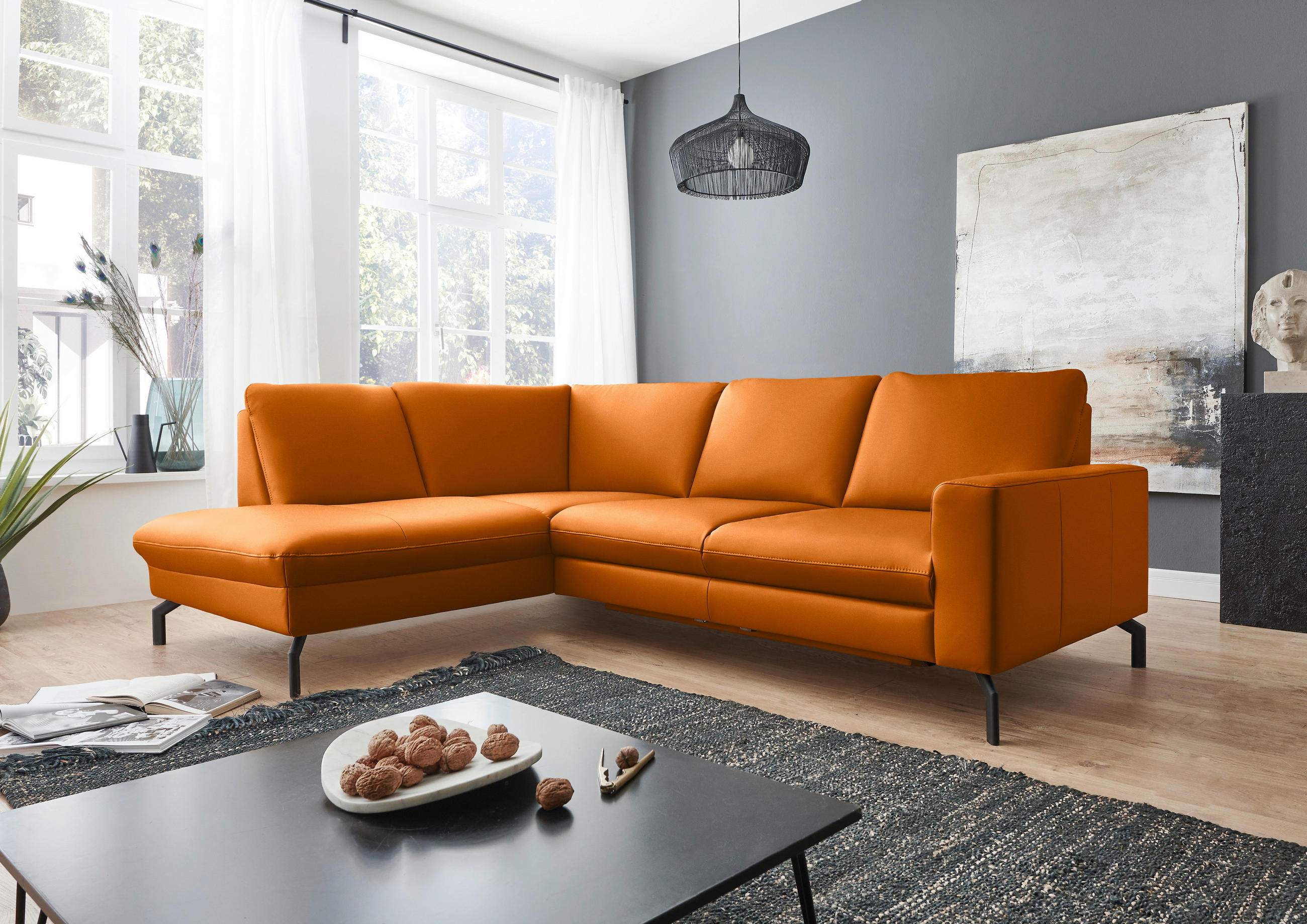 ECKSOFA in Echtleder Orange  194/250 cm  - Schwarz/Orange, Design, Leder/Metall (194/250cm) - Beldomo Premium