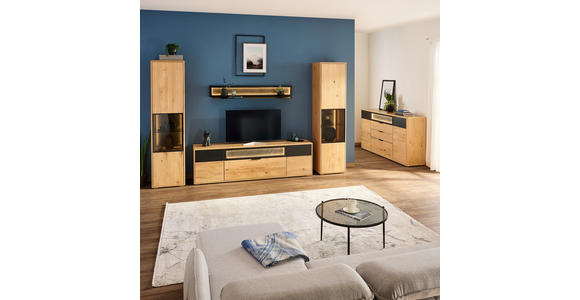 WOHNWAND  in Eiche Bianco, Schwarz  320/197,6/42 cm  - Eiche Bianco/Schwarz, Natur, Glas/Holz (320/197,6/42cm) - Linea Natura