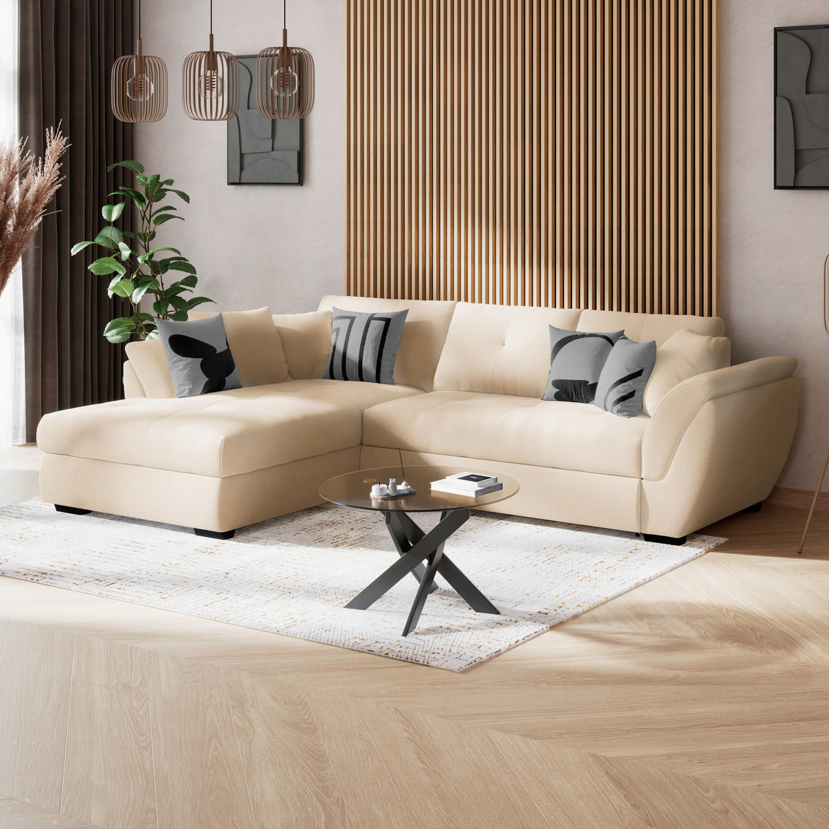 ECKSOFA Beige Zierkissen, Bettkasten, Schlaffunktion, Rücken echt  - Beige/Schwarz, KONVENTIONELL, Kunststoff/Textil (187/278cm) - MID.YOU