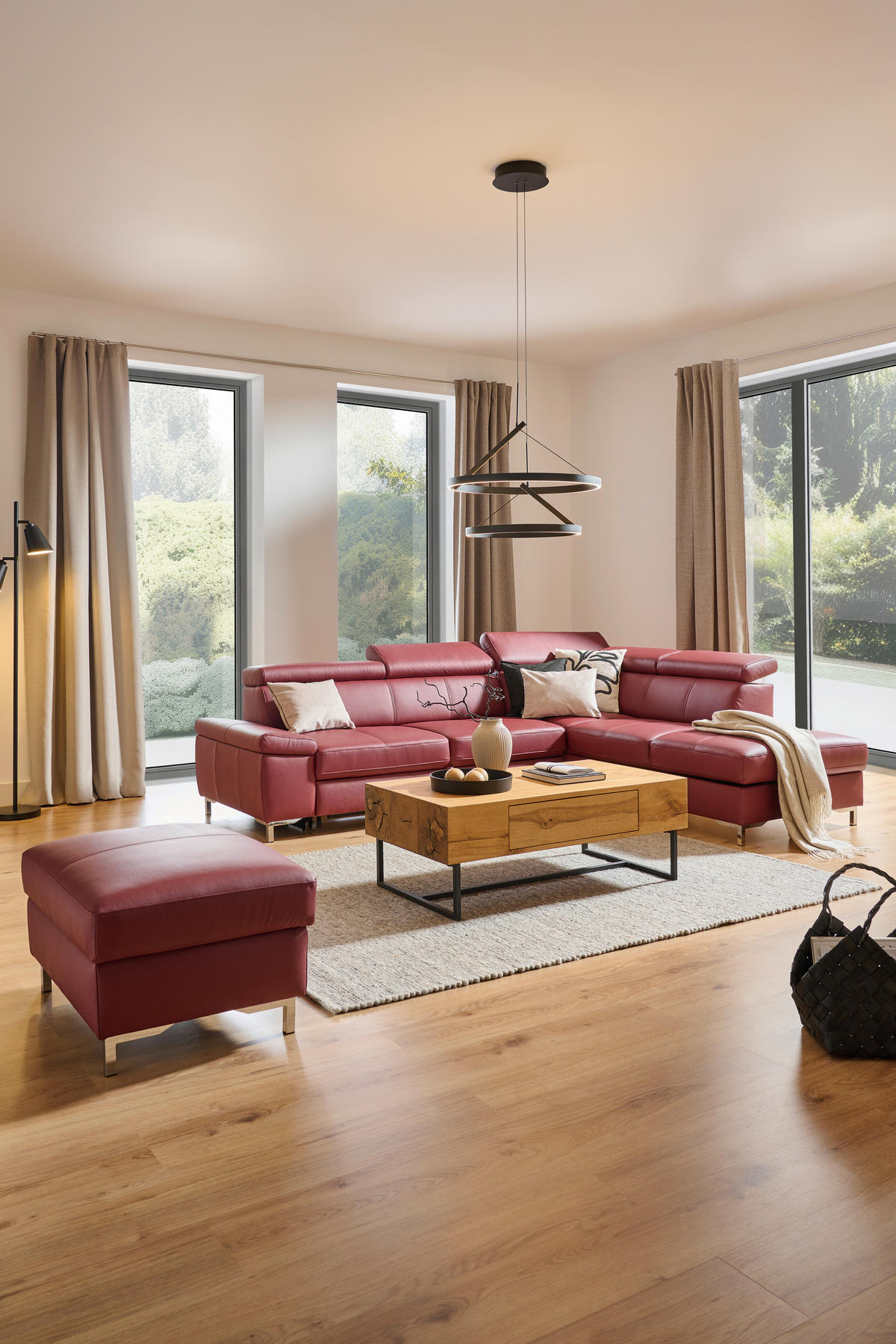 ECKSOFA in Echtleder Bordeaux  268/213 cm  - Chromfarben/Bordeaux, Design, Leder/Metall (268/213cm) - Stylife