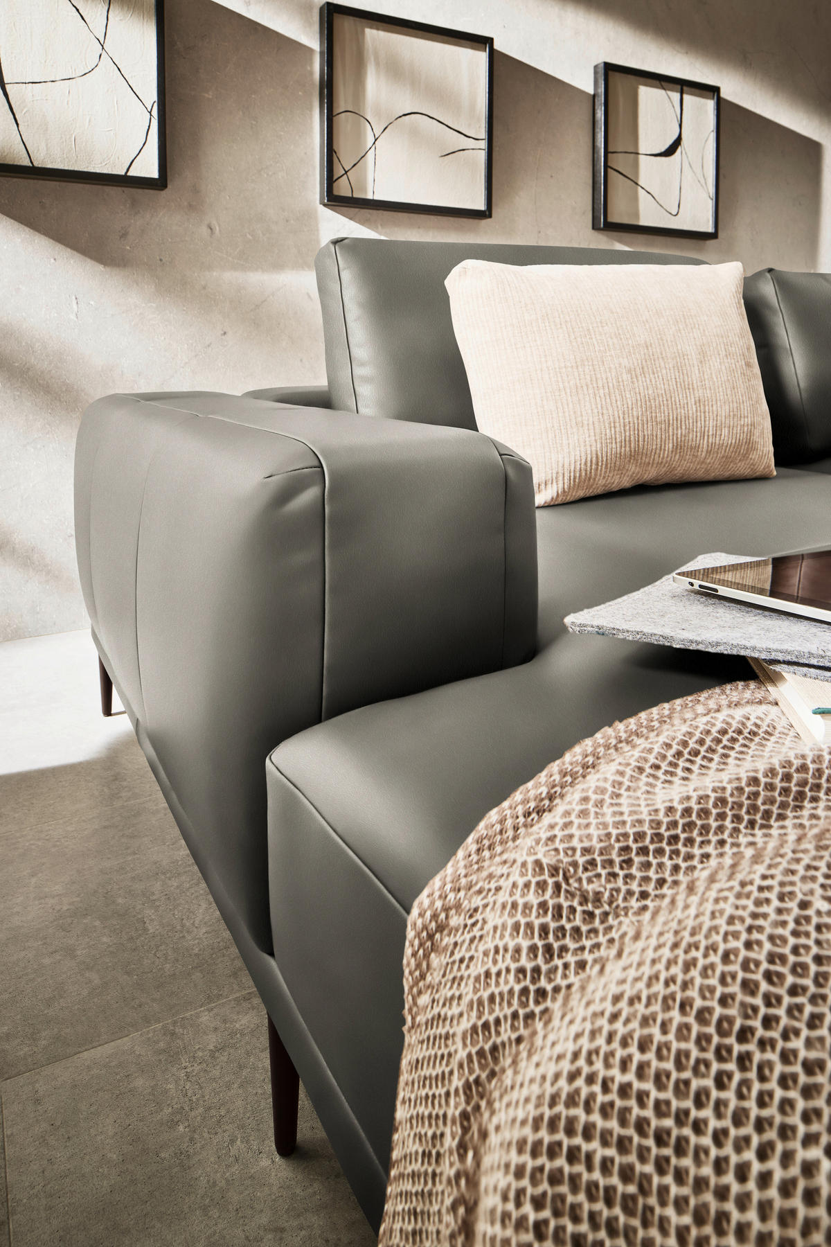 ECKSOFA Echtleder Grau  - Schwarz/Grau, Design, Leder/Metall (201/304cm) - Belluti