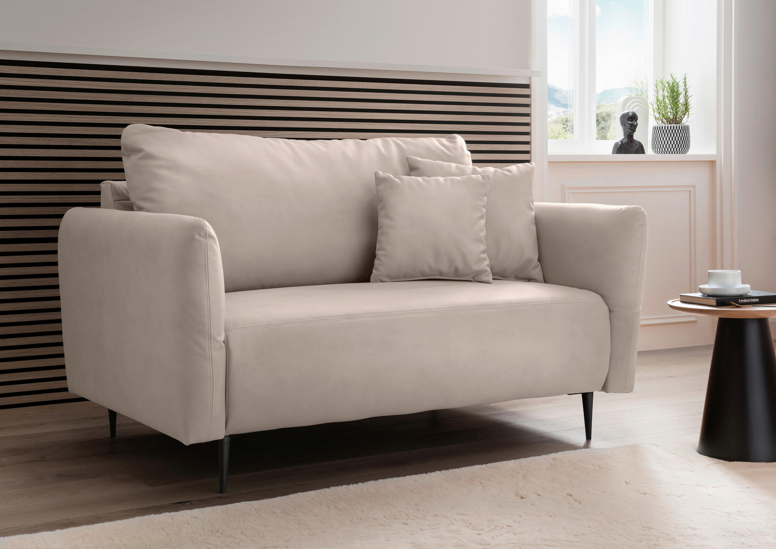 2-SITZER-SOFA in Lederlook Beige  - Beige/Schwarz, Design, Textil/Metall (163/97/102cm) - Livetastic