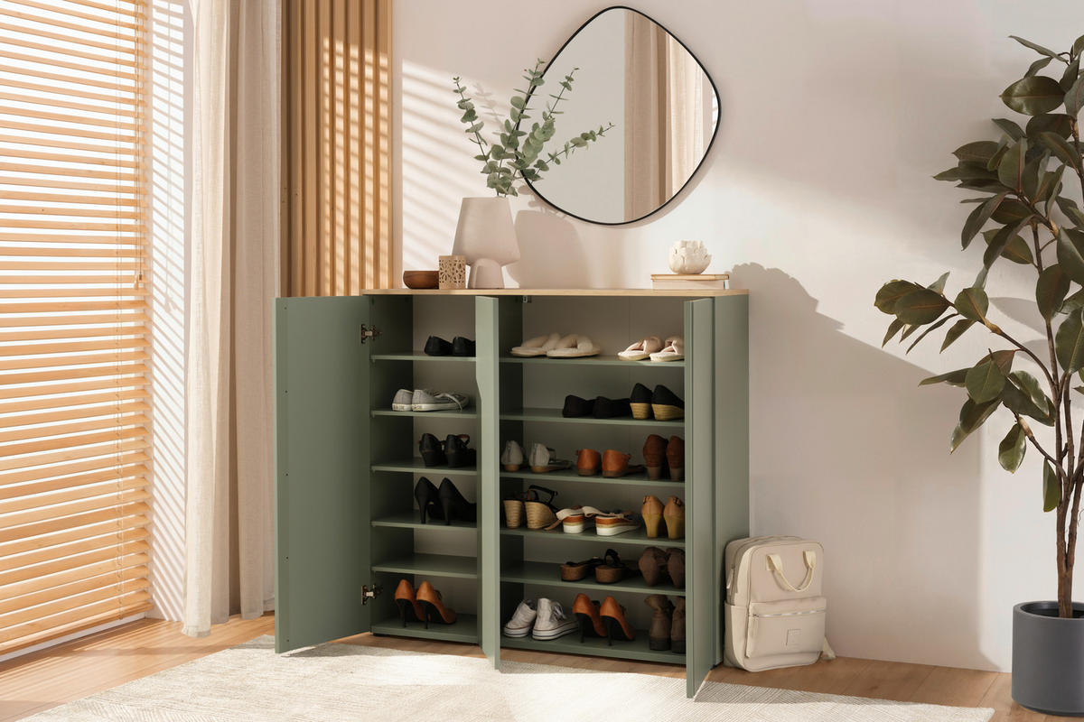 SCHUHSCHRANK Grün, Eichefarben  - Eichefarben/Schwarz, Design, Holzwerkstoff/Kunststoff (120,3/113,2/34cm) - Voleo