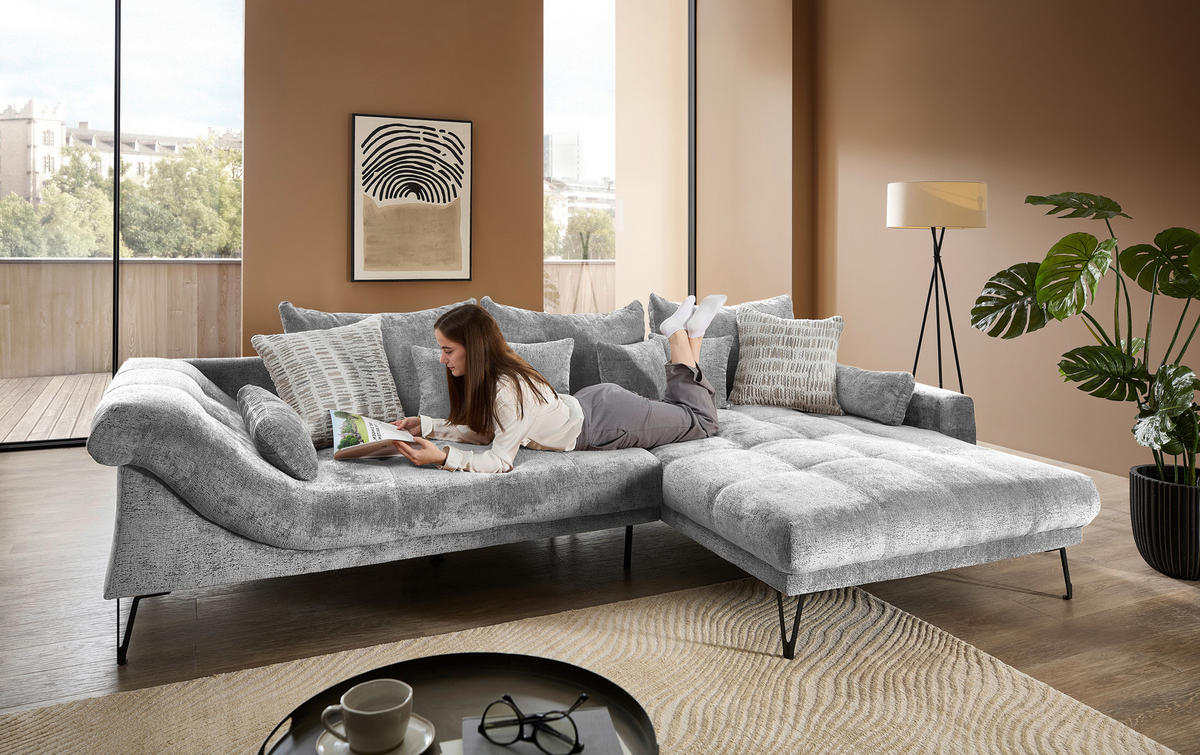 ECKSOFA GARDA in Chenille Silberfarben  310/192 cm  - Silberfarben/Schwarz, KONVENTIONELL, Textil/Metall (310/192cm) - Livetastic