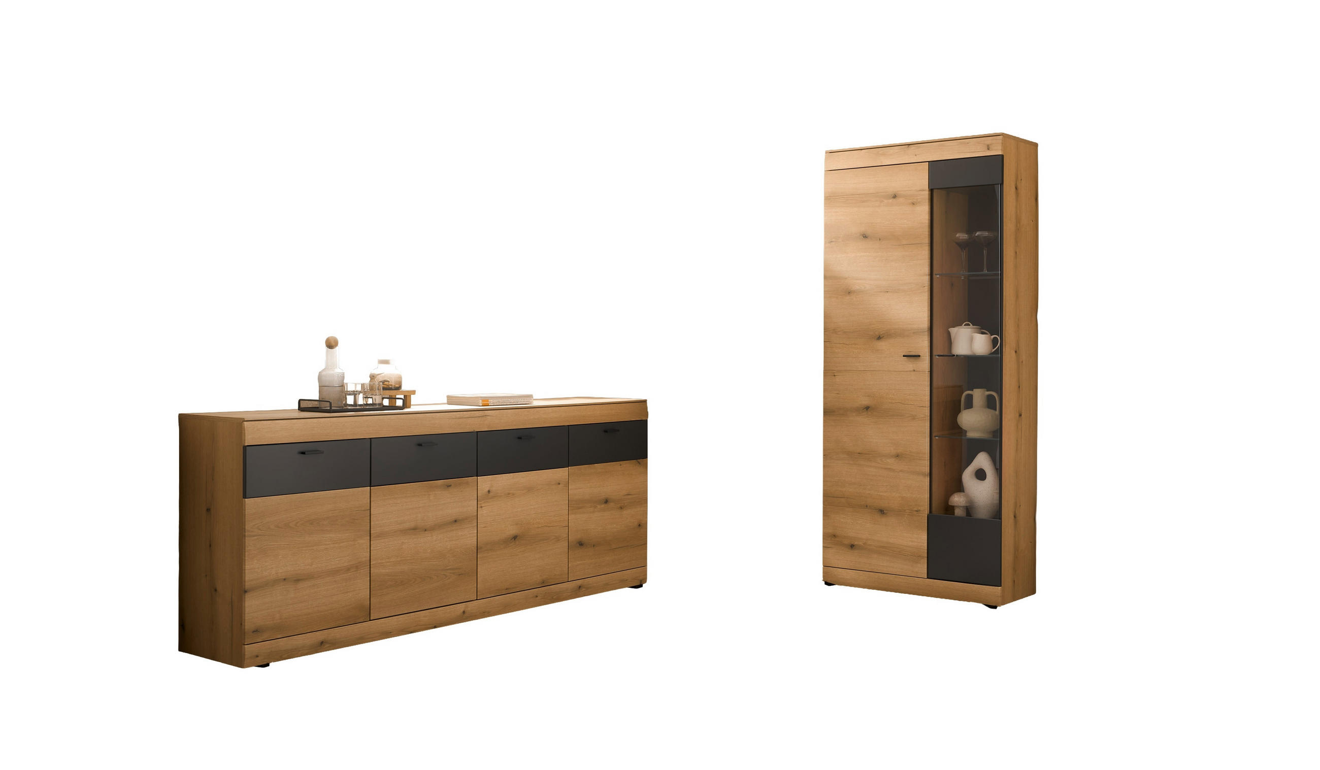WOHNWAND 2-teilig  in Graphitfarben, Eichefarben   - Eichefarben/Schwarz, Design, Glas/Holzwerkstoff - MID.YOU