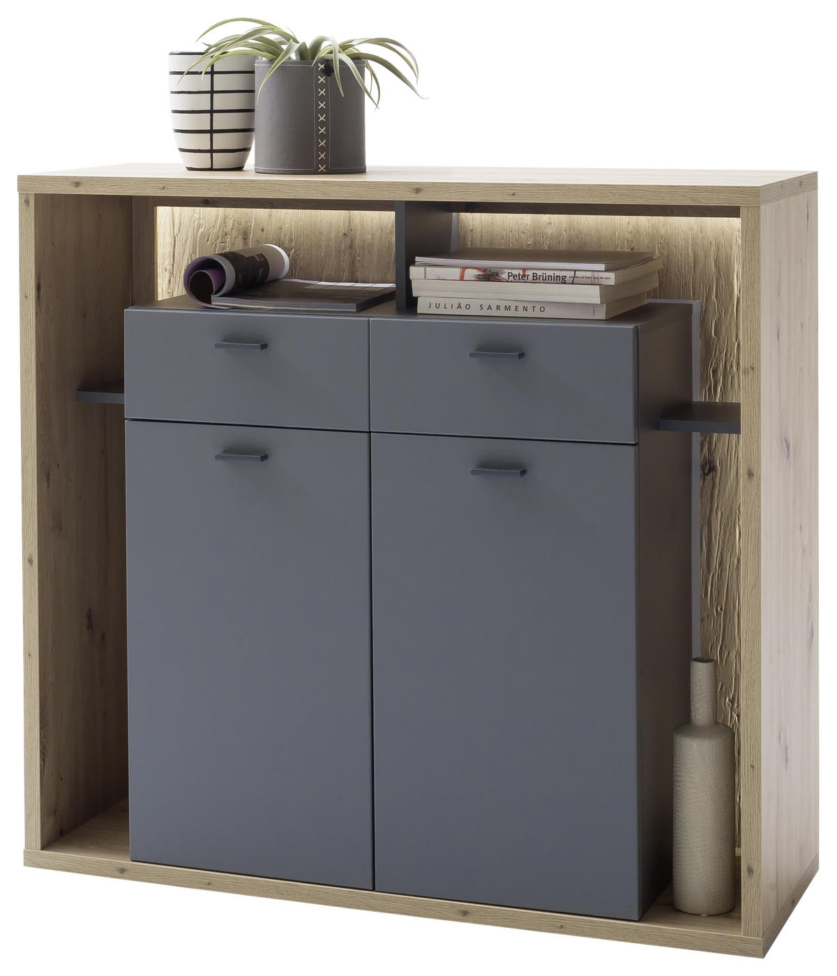 VYSOKÁ KOMODA, sivá, farba duba, 115/108/40 cm - sivá/farba duba, Design, kov/kompozitné drevo (115/108/40cm)