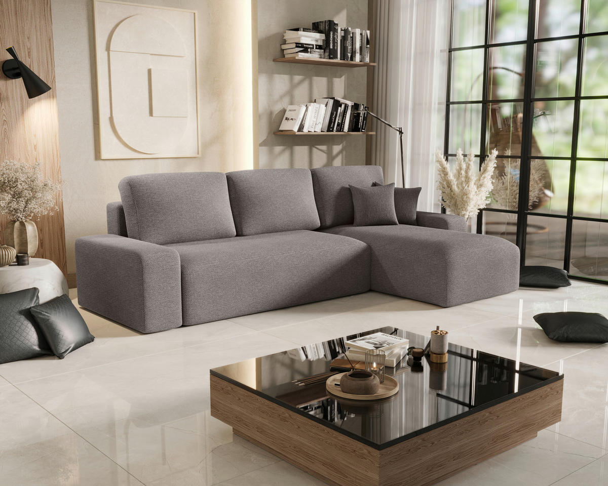 ECKSOFA Hellgrau Bouclé Zierkissen, Rückenkissen, Bettkasten, Schlaffunktion, Rücken echt, Stauraum  - Hellgrau/Schwarz, MODERN, Kunststoff/Textil (248/143cm) - Xora