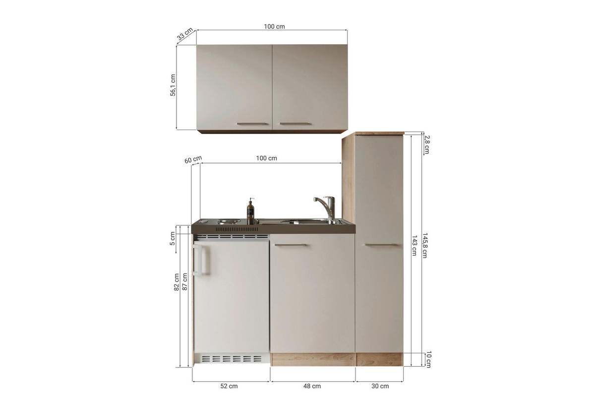 MINIKÜCHE Levin 130 cm  in Kaschmir  - Kaschmir/Eichefarben, Trend, Holzwerkstoff/Kunststoff (130cm) - Respekta