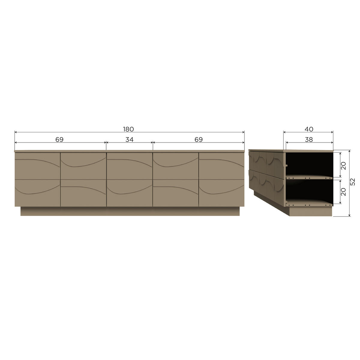 LOWBOARD Teo  in 180/52/40 cm  - Schlammfarben, Design, Holz (180/52/40cm) - Livetastic